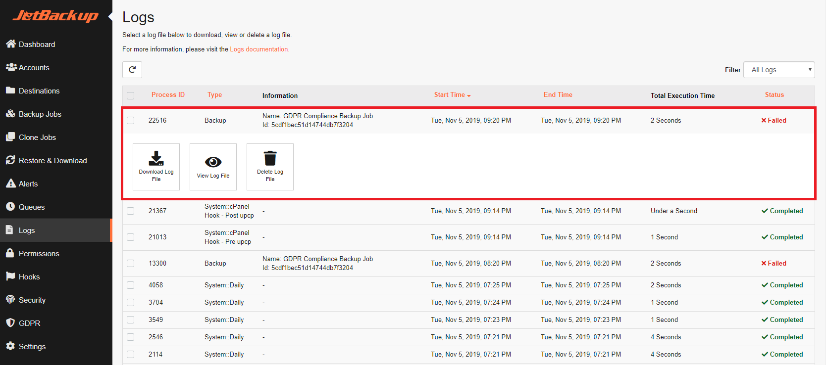 Download backuped log files