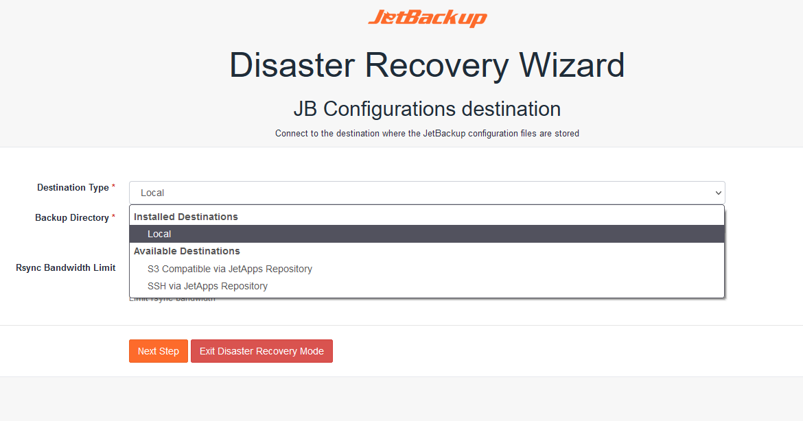 Disaster Recovery Destination Select